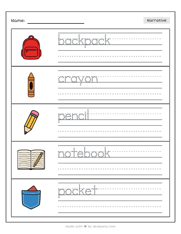 Packing a colorful backpack with brand new school supplies — real worksheet preview with word bank and writing lines