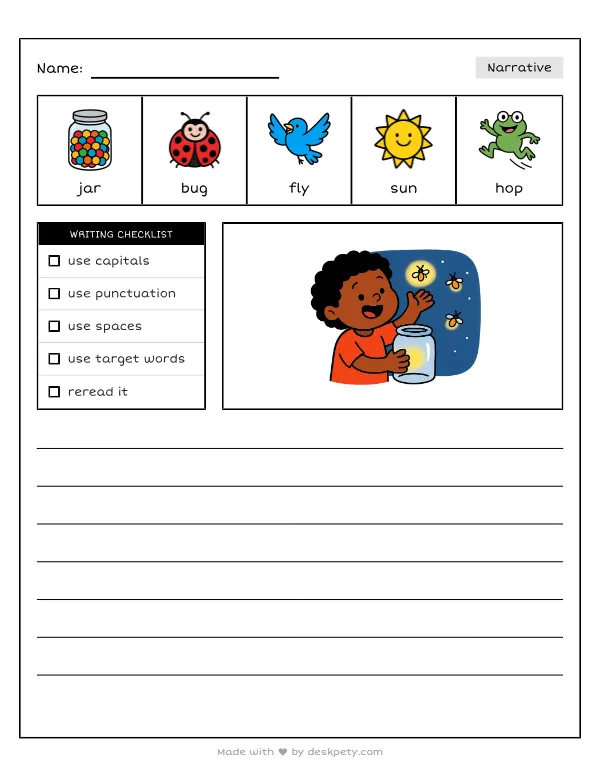 Catching glowing fireflies in a jar on a warm summer night — real worksheet preview with word bank and writing lines