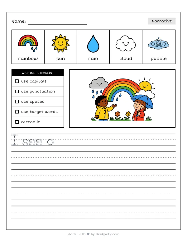 A bright, colorful rainbow appearing after a spring rain — real worksheet preview with word bank and writing lines
