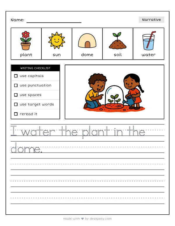 A colony of small green plants growing inside a clear glass dome on Mars — real worksheet preview with word bank and writing lines