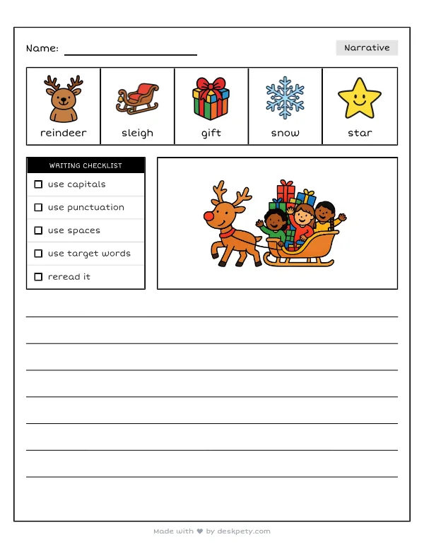 Reindeer pulling a magical sleigh full of wrapped gifts — real worksheet preview with word bank and writing lines