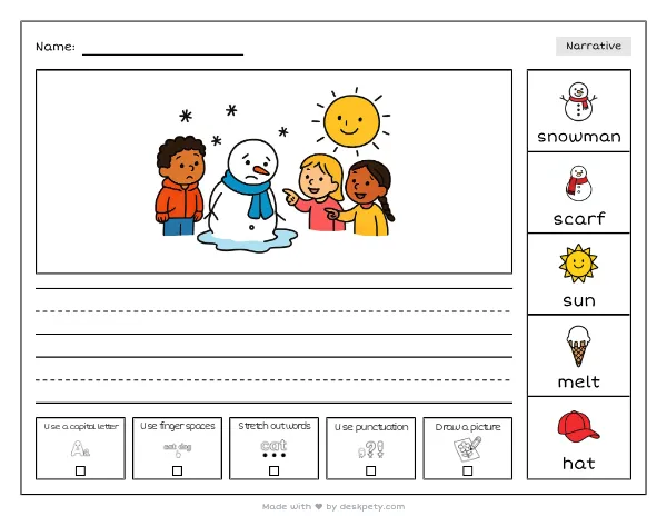 A snowman melting in a bright blue scarf — real worksheet preview with word bank and writing lines