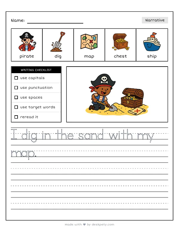 If I were a pirate sailing the ocean looking for buried treasure — real worksheet preview with word bank and writing lines