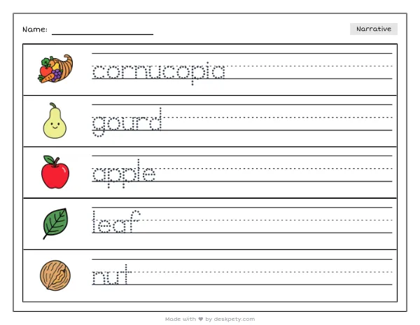 Free printable Kindergarten write and draw worksheet - A cornucopia spilling gourds and apples tracing sentence and coloring page (page 1 of 4)