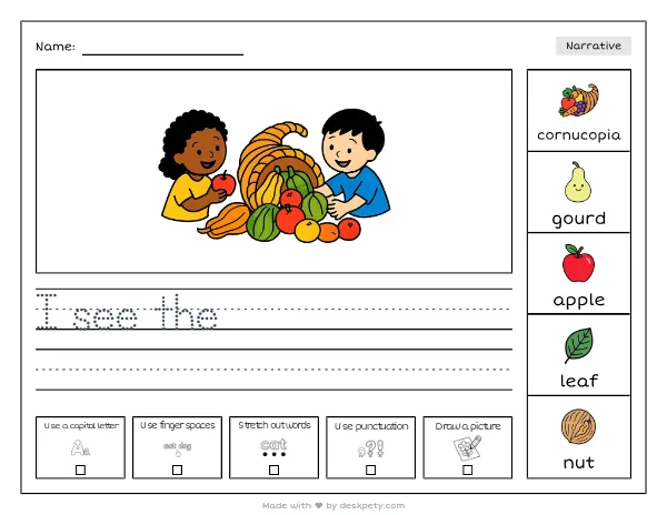 A cornucopia spilling gourds and apples — real worksheet preview with word bank and writing lines