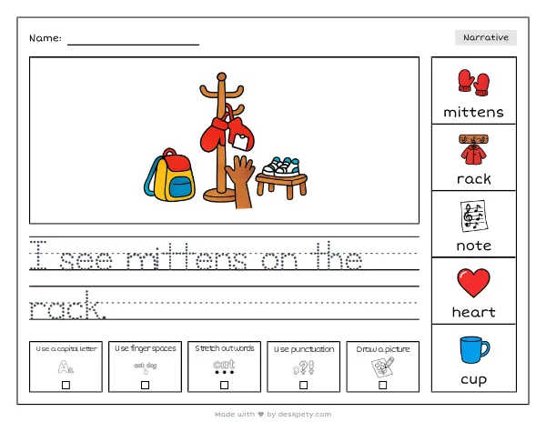 A pair of mittens hanging on a coat rack with a note pinned to them — real worksheet preview with word bank and writing lines