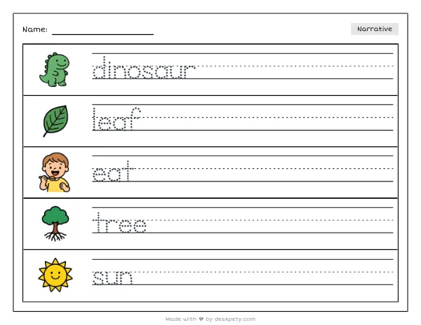 Free printable Kindergarten write and draw worksheet - Long neck dinosaurs reach high to eat tracing sentence and coloring page