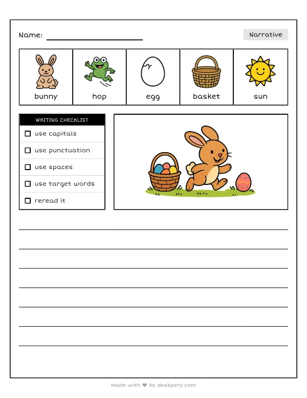 Free printable K-1 narrative writing prompt worksheet - A soft little bunny hopping through the yard with word bank and handwriting lines