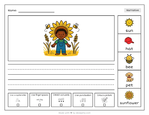 A kid wearing a giant sunflower hat standing tall in a golden field while bees buzz around the petals — real worksheet preview with word bank and writing lines