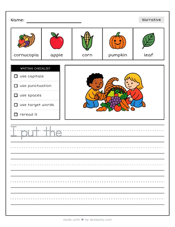 A woven cornucopia filled with autumn harvest fruits and vegetables — real worksheet preview with word bank and writing lines