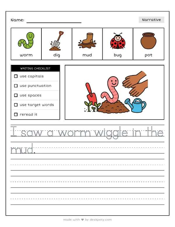 Free printable K-1 narrative writing prompt worksheet - In our garden dirt I saw a wiggly with word bank and handwriting lines