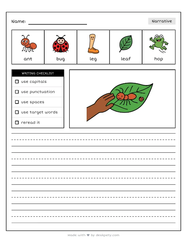 Free printable K-1 narrative writing prompt worksheet - An insect has six little legs and can with word bank and handwriting lines
