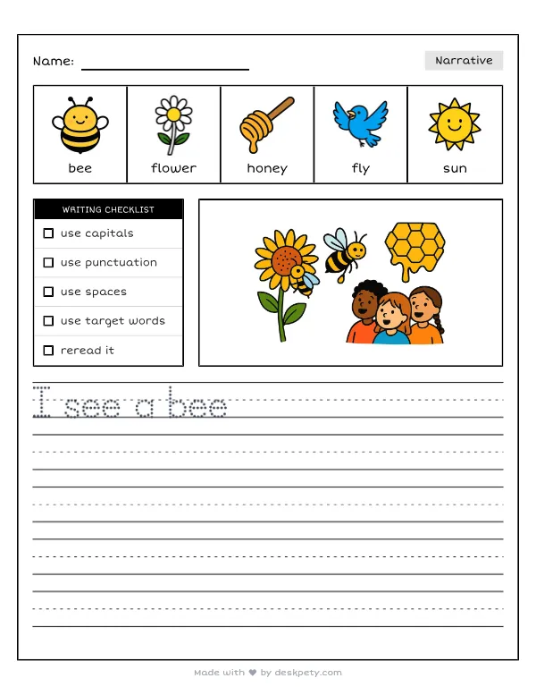 Free printable K-1 narrative writing prompt worksheet - Busy worker honeybees gather sweet nectar to make with word bank and handwriting lines