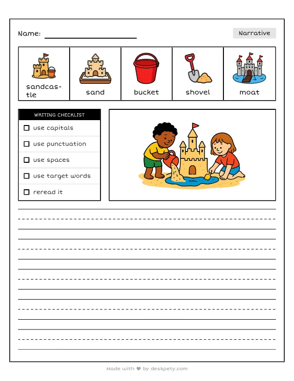 Building a giant sandcastle with a moat at the beach — real worksheet preview with word bank and writing lines