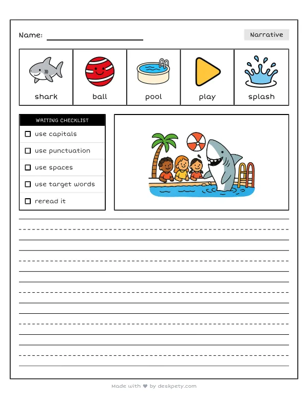 A great white shark playing with a beach ball in a swimming pool — real worksheet preview with word bank and writing lines
