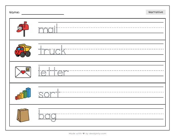 A mail carrier sorting letters inside a mail truck — real worksheet preview with word bank and writing lines