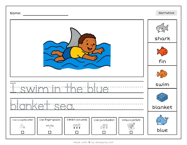 A child in a shark fin swimming through a sea of blue blankets — real worksheet preview with word bank and writing lines