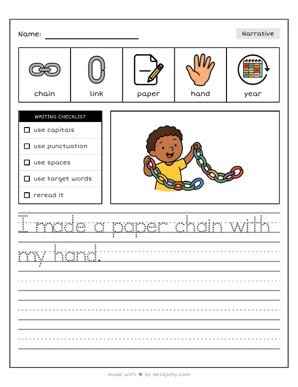 A paper chain with one link for every year of my life — real worksheet preview with word bank and writing lines