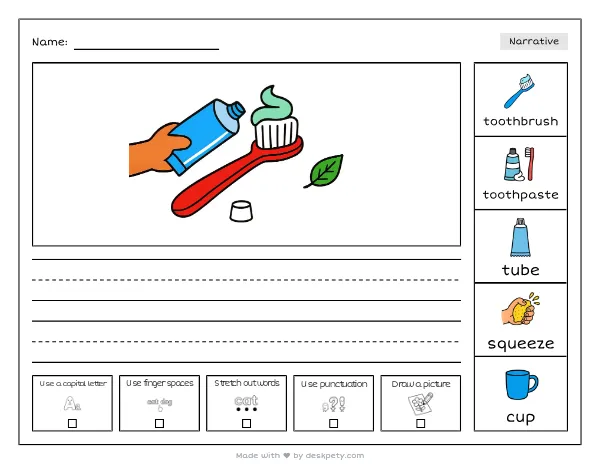 Free printable Kindergarten write and draw worksheet - Squeezing minty toothpaste onto my toothbrush tracing sentence and coloring page