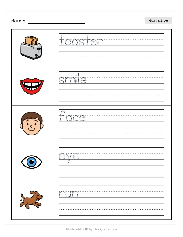 My reflection in a shiny toaster with a wavy smile — real worksheet preview with word bank and writing lines
