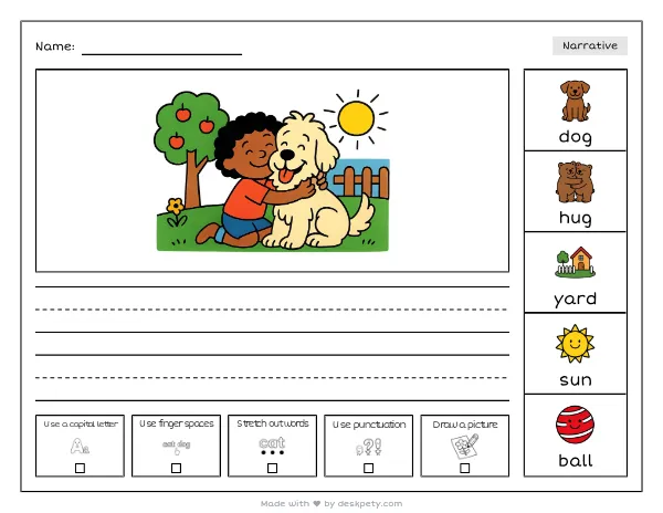 A child hugging a big fluffy dog in a sunny yard — real worksheet preview with word bank and writing lines