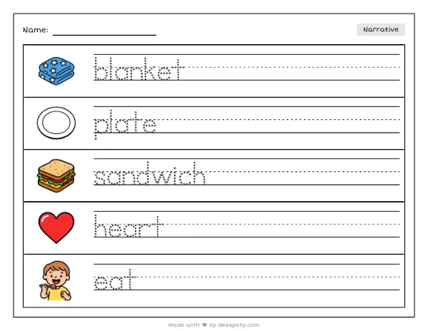 Free printable Kindergarten write and draw worksheet - A picnic blanket with two plates and a heart-shaped sandwich tracing sentence and coloring page (page 1 of 4)