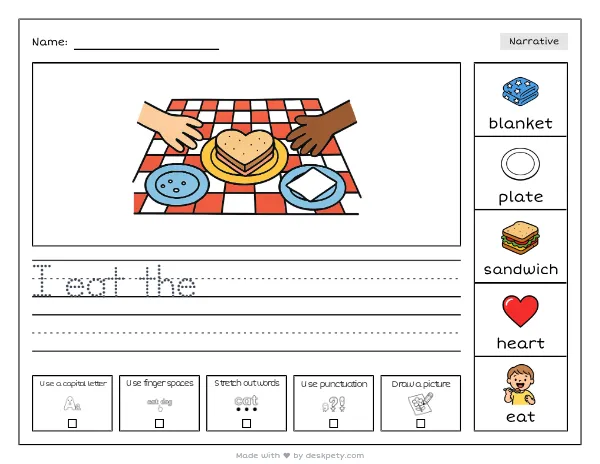 A picnic blanket with two plates and a heart-shaped sandwich — real worksheet preview with word bank and writing lines