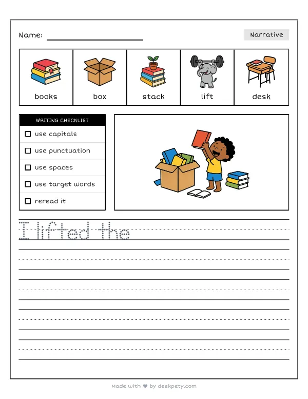 Unloading a tower of fresh textbooks from a creaking cardboard box — real worksheet preview with word bank and writing lines