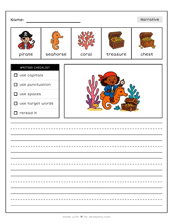 A pirate riding a seahorse through a coral reef — real worksheet preview with word bank and writing lines
