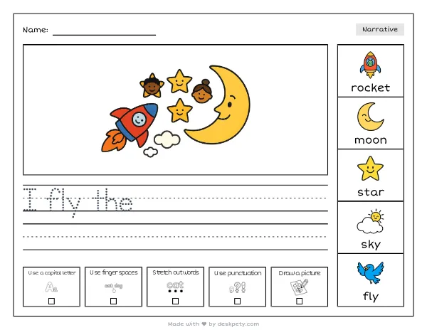 A rocket launching past a crescent moon at dawn — real worksheet preview with word bank and writing lines