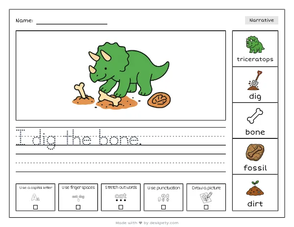 Free printable Kindergarten write and draw worksheet - The gentle Triceratops has three sharp tracing sentence and coloring page
