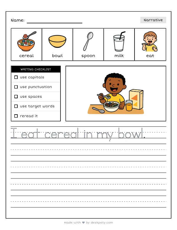 Free printable K-1 narrative writing prompt worksheet - For a healthy morning breakfast I like to eat with word bank and handwriting lines