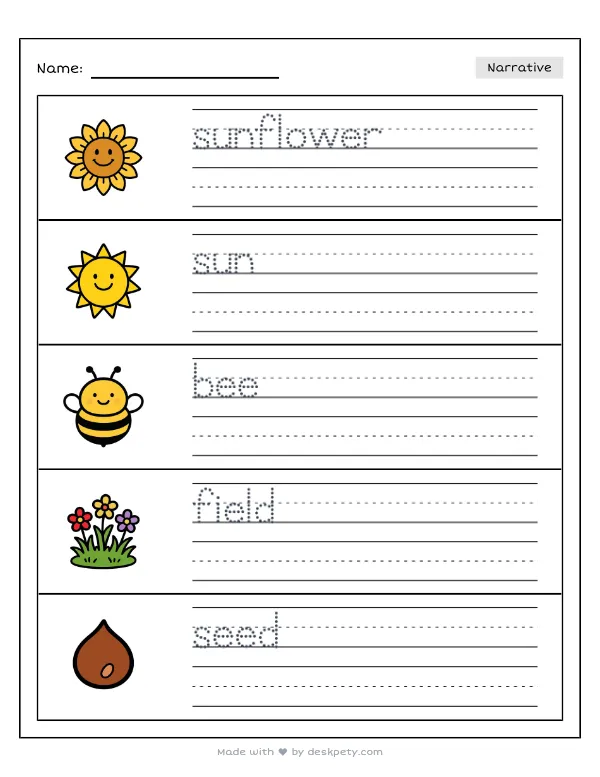 Preview of the a huge farm field of tall, blooming yellow sunflowers writing worksheet — word bank, tracing lines and checklist (page 1 of 5)
