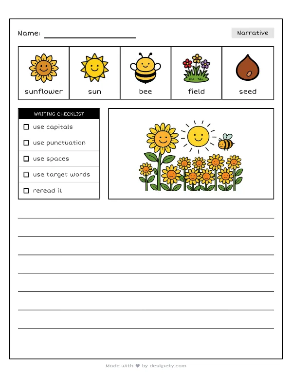A huge farm field of tall, blooming yellow sunflowers — real worksheet preview with word bank and writing lines