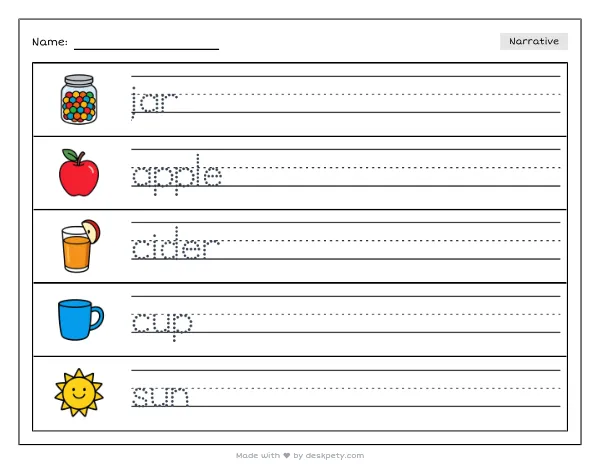 Free printable Kindergarten write and draw worksheet - A glass jar of cloudy apple cider tracing sentence and coloring page (page 1 of 4)