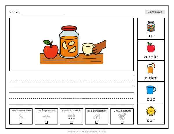 A glass jar of cloudy apple cider — real worksheet preview with word bank and writing lines