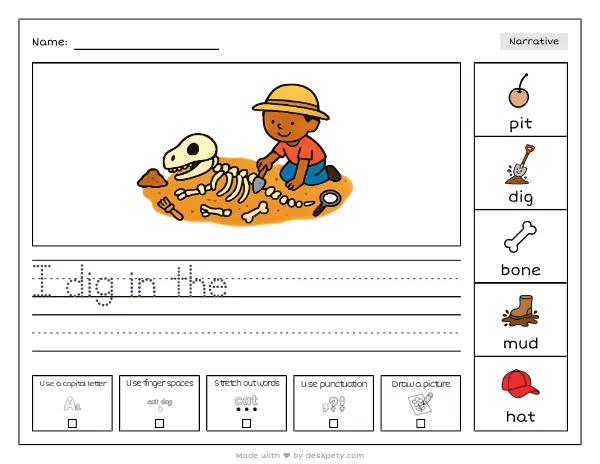 Free printable Kindergarten write and draw worksheet - Prehistoric fossils tell us stories about tracing sentence and coloring page