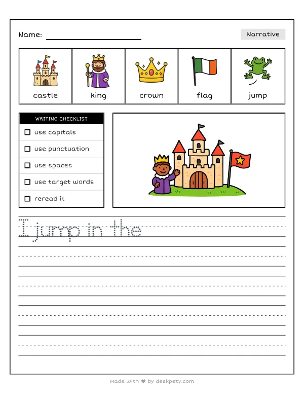 Free printable K-1 narrative writing prompt worksheet - Once upon a time in a faraway magical land with word bank and handwriting lines