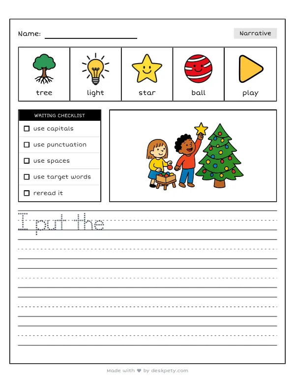 Decorating the Christmas tree with bright lights and round ornaments — real worksheet preview with word bank and writing lines