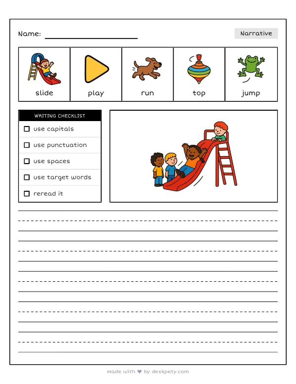 Taking turns going down the tall slide on the playground — real worksheet preview with word bank and writing lines