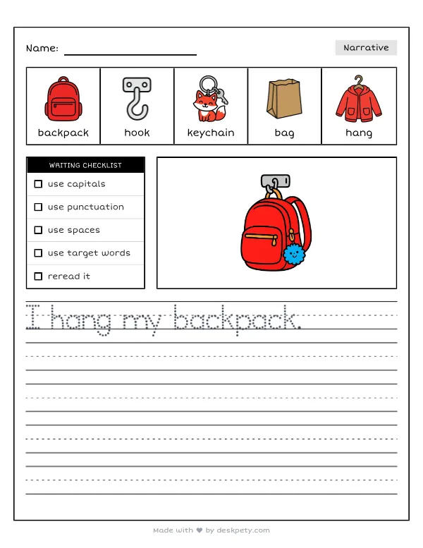 A backpack with a dangling keychain on a classroom hook — real worksheet preview with word bank and writing lines