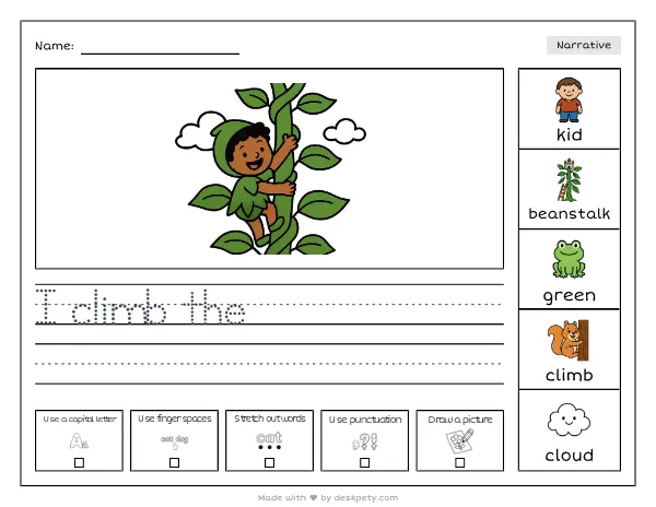 A kid in a leafy green costume sprouting into a giant beanstalk reaching past clouds — real worksheet preview with word bank and writing lines