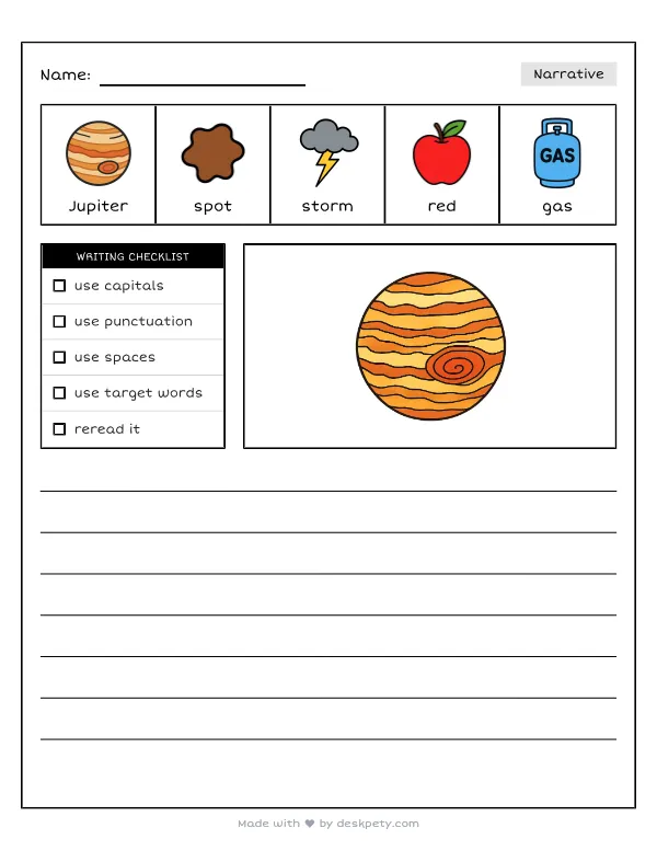 A giant, red spot storm raging on a huge gas giant planet — real worksheet preview with word bank and writing lines