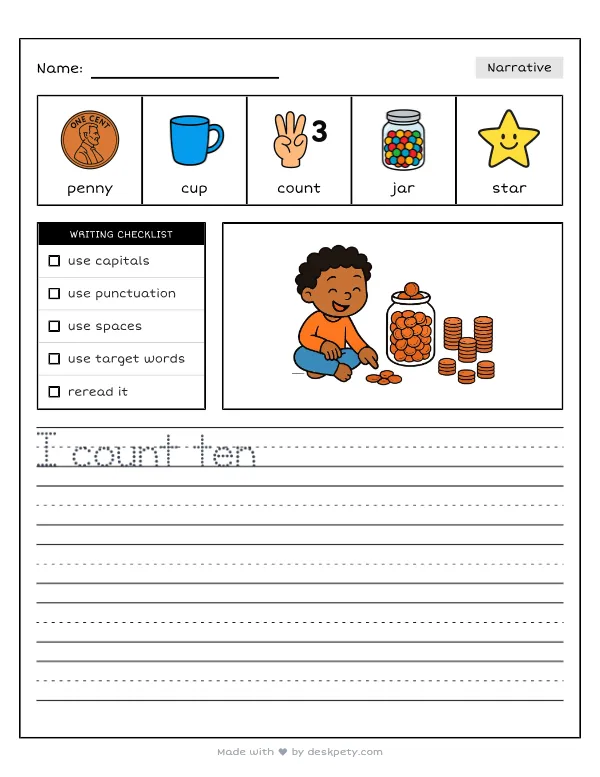 Free printable K-1 narrative writing prompt worksheet - I can count 100 with word bank and handwriting lines