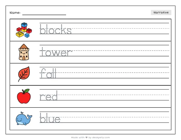 A pile of colorful blocks with one tower toppled — real worksheet preview with word bank and writing lines