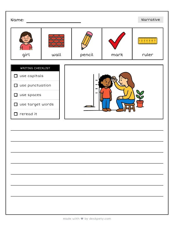 Measuring my height against a wall with pencil marks — real worksheet preview with word bank and writing lines