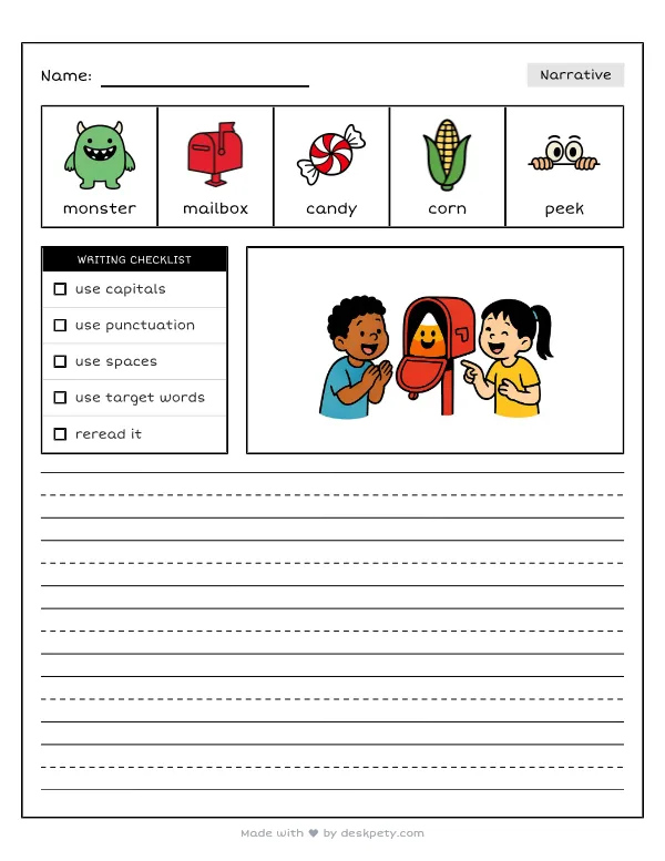 A candy corn monster peeking out from a mailbox — real worksheet preview with word bank and writing lines