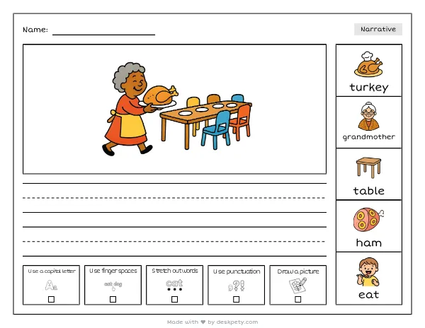 A grandmother carrying a large roasted turkey to a long dinner table — real worksheet preview with word bank and writing lines
