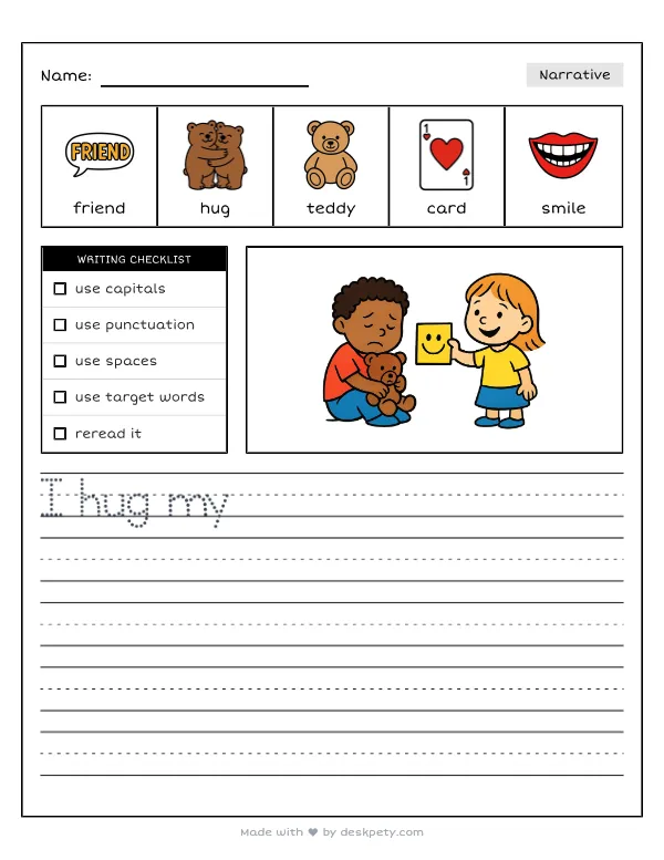 Trying to cheer up a friend who is feeling very sad — real worksheet preview with word bank and writing lines