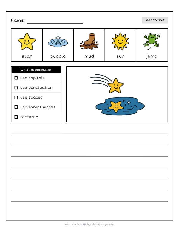 A shooting star reflecting in a puddle after a rainstorm — real worksheet preview with word bank and writing lines